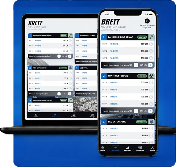 Brett Strength on laptop and phone — today's workout, athlete feed, and training maxes.