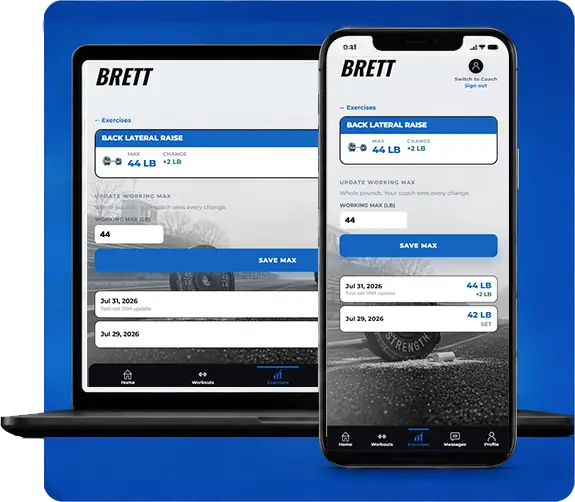 Brett Strength progress on laptop and phone — strength chart and PR history.